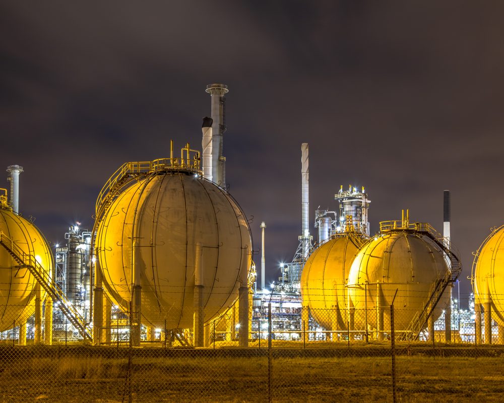 Liquid Natural Gas globe shape containers in Europoort industrial area location Botlek in Port of Rotterdam